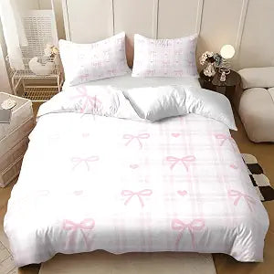 Pink Bowknot Duvet Cover Set Full Size,Cute Princess Bow Print Bedding Set for Boys Girls,3 Pieces Soft Breathable Stripe Grid Comforter Cover(1 Duvet Cover + 2 Pillowcases)