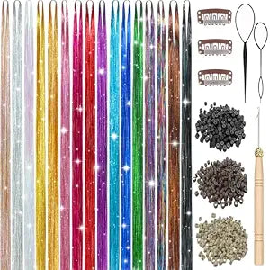 Hair Tinsel, 16 Colors Tinsel Hair Extensions, 7600 Strands Hair Tinsel Kit