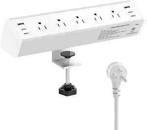 Tecmojo Desk Clamp Power Strip 5 Outlet with 2 USB A and 4 USB C Ports, 6 ft Cord, Desk Outlet Station Fit 1.6" Tabletop Edge, Over Loading Protection, ETL Listed, White(SKU# 13150112)