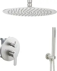 Brushed Nickel Ceiling Mount Round Rain Shower System with 12 Inch Shower Head and Handheld Bathroom Shower Set Contain Shower Faucet Trim Kit (Mixer Valve Included)