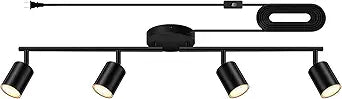 Plug in Track Lighting LED, Track Lighting Fixtures Ceiling, Black 4-Light Kitchen Light Kit, Plug in Wall Light with 14.8ft Power Cord, Rotatable Ceiling Spotlight for Bedroom(GU10 Socket, NO Bulb)