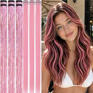 Pink Clip In Hair Extensions & Pink Hair Tinsel Clip In 22 Inch 6+6 Pack
