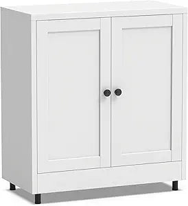 JINGUR Metal Storage Cabinet with 2 Doors and Adjustable Shelf, Steel Sideboard Buffet Cabinet for Home Office Hallway Entryway Kitchen Living Dining Room (White)