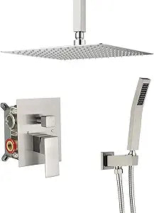 Ceiling-Mounted Rainfall Shower System Shower Head Hand Held Square Shower Head Bathroom Luxury Rain Shower Complete Combo Set (12", Brushed Nickel)