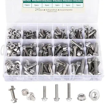 245 PCS M6 M8 M10 Bolts and Nuts Assortment Kit, Heavy Duty Flanged Hex Screws, 304 Stainless Steel Serrated Nuts and Bolts, 15 Sizes Hex Metric Bolt Assortment