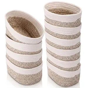 10 Pack Small Woven Baskets for Storage, Cotton Rope Boho Decorative Organizer Storage Bins for Shelves, Closet, Nursery, Bathroom, 7.5 X5.5 X3.9 Tiny Easter Empty Gift Baskets