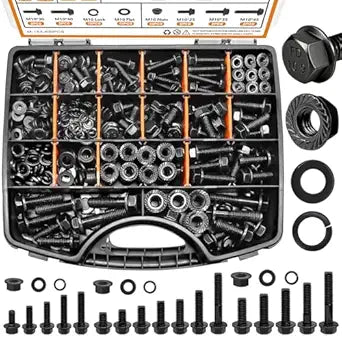 mankk 400PCS Metric Grade 10.9 Flange Bolts and Nuts Assortment Kit M6x1.0, M8x1.25, M10x1.5 (12mm to 45mm) Black Alloy Steel Class Hex Bolts and Nuts Washers Kit for Automotive