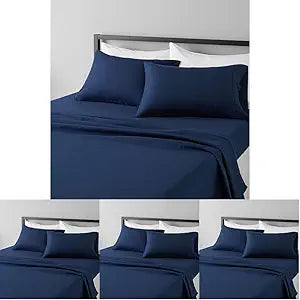 Amazon Basics Lightweight Super Soft Easy Care Breathable Microfiber 4 Piece Bed Sheets Set with 14-Inch Deep Pockets, Full, Navy Blue, Solid (Pack of 4)
