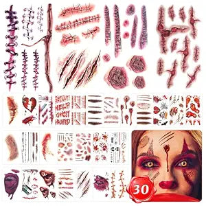 30 Sheets Halloween scar tattoos Stickers with Fake Scab Blood,zombie tattoo,halloween scar makeup,halloween face stickers, costume for women Makeup Props