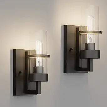 Tipace Black Hardwired Wall Sconces Set of 2,Modern Bathroom Vanity Sconces Wall Lighting with Clear Glass Shade,Farmhouse Wall Mount Lights for Mirror Bedroom Living Room Hallway Kitchen