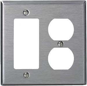 Leviton 2-Gang, 1-Decora, 1-Duplex Receptacle Stainless Steel Midway Wallplate, SJ826-40, Stainless Steel with Blue Plastic Cover