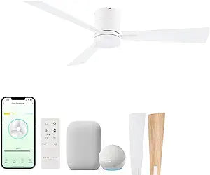 Bali 42in 3-Blade Smart Indoor or Outdoor Flush Mount Ceiling Fan 2700K-6000K CCT Tunable Range LED Light Kit in Matte White with Reversible White and Natural Wood Blades Works With iOS or Android App