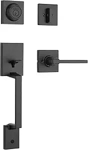 Kwikset Amador Front Door Lock Handle and Deadbolt Set, Entry Handleset Exterior with Casey Reversible Lever, Matte Black, Pick Resistant SmartKey Rekey Deadbolt Security, with Microban Protection