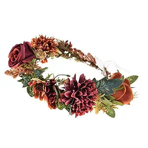 Women Floral Crown Wreath Flower Girls Headband Bridal BOHO Hair Garland Halo (Rose Burgundy)