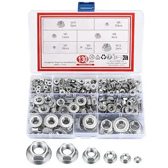 130 Pcs Stainless Steel Serrated Hex Flange Nut Kit - M3 to M12