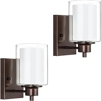 2 Pack Bath Vanity Light Fixtures, Modern Indoor Wall Scone Lighting with Dual Glass Shade, Oil Rubbed Bronze Wall Lamp for Bedroom Mirror Kitchen Living Room Entryway