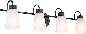 Kichler Erma 4-Light Bathroom Vanity Light Fixture with Satin Etched Glass Shades, Updated Traditional Wall Mount Lighting in Black for Mirror Above Vanity (32.5" x 8.5"), 55127BK