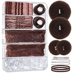 YGDZ 200 PCS Hair Bun Maker Set, 4 Pcs Hair Donuts, 10 Pcs Brown Hair Nets for Buns, 80 Pcs Bobby Pins for Women, Girls, Elastic Ties, Dance Hair Accessories, Ballet Bun Kit, Brown