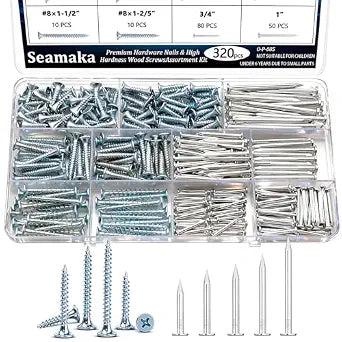 320Pcs Premium Hardware Nails & High Hardness Wood Screws Assortment Kit1/2"-2"-11 Sizes Phillips Drive Flat Head, Common Nails,Wood Screws,Furniture Screw with Storage Box