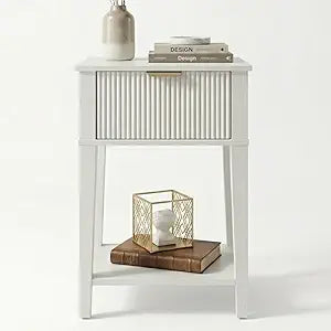 Modern Fluted Small Wood Nightstand, 11.8" Deep x 15.4" Narrow Bedside Table with Drawer & Open Shelf, Farmhouse Chic Accent Side Table for Bedroom & Sofa - White