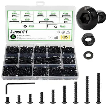 1002Pcs M3 Metric Hex Button Head Fastener Kit, Screws, Nuts & Flat Washers