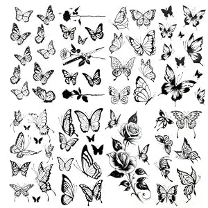8 Sheets Black Butterfly Temporary Tattoos Stickers Waterproof Large Butterfly Fake Tattoo Sticker Flowers Butterflies Hummingbird Swallow Rose Style Realistic Tattoos for Women Body Neck Arm Hand