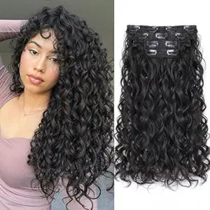 Vigorous Curly Clip In Hair Extensions,4PCS 20 inch Thick Curly Hair Extensions Lace Weft Clip Ins Invisible Natural Synthetic Hairpieces for Women,Black(1B)