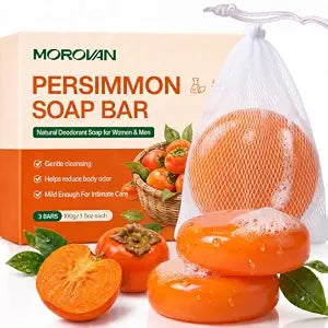 Morovan Persimmon Soap for Body Odor Control: 3 Bars with Foaming Net