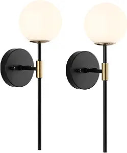 BYOLIIMA Industrial Mid Century Wall Sconce Set of 2 with White Globe Glass Shades Modern Bathroom Vanity Wall Lamp Black and Gold Finished Wall Light Fixture