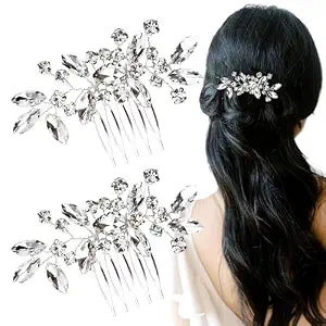 2PCS Silver Small Rhinestone Hair Combs, Clear Crystals Wedding Metal Hair Combs, Sparkly Crystal Bridal Hair Accessories for Bridesmaids Women Girls (3.31x1.97inch)