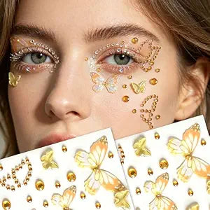 Yellow Butterfly Face Gems Stickers, Self-Adhesive Face Jewels Rhinestones, Eye Body Face Stick on Gems for Festival Rave Halloween Party Cosplay Makeup, Temporary Crystal Face Decals for Women Girls