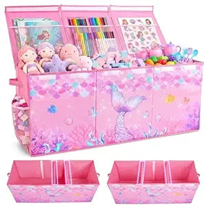 Unicorn Castle Toy Box with Adjustable Divider Toy Chest Storage Large Toy Storage Organizer Bin Collapsible with Lid Pockets for Nursery Playroom,Pink Purple Mermaid