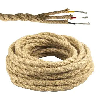18AWG 33FT 3 Conductor Antique Style Electrical Wire Twisted Cord 18 Gauge Vintage Hemp Rope Woven Wire for Antique Lamps DIY Lamp Cord