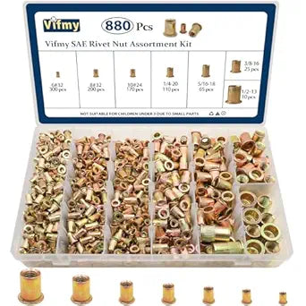 SAE Rivet Nut Assortment Kit(880 Pcs), #6-32#8-32#10-24 1/4"-20 5/16"-18 3/8"-16 1/2"-13 UNC Flat Head Rivnut Set, Zinc Plated Finish Carbon Steel Nutsert