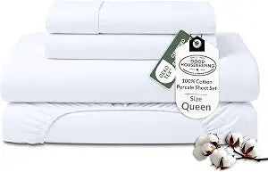 ROYALE LINENS 100% Organic Cotton Queen Sheet Set - Percale Weave - 4 Pieces Set - 1 Flat, 1 Deep Pocket Fitted Sheet and 2 Pillowcases - White Bed Sheets - Sbanas Queen - Crisp Cool (White)