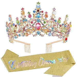 Velscrun Colourful Crystal Birthday Queen Tiara Crown for Women Girls Birthday Queen Headband Sash Elegant Princess Crown with Combs Hair Accessories Happy Birth Party Decorations Mom Birth Gift
