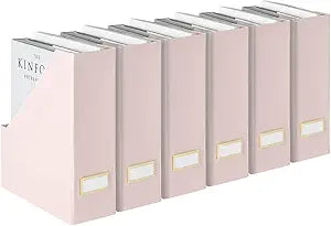 BLU MONACO | Cardboard Magazine File Holder Set of 6 Pink | Vertical Magazine File Holder with Gold Label Slots | Standing File Holder and Cardboard Bins for Shelves Desk Storage