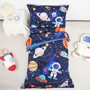 SWESEN Toddler Bedding Set for Boys, Blue Space Toddler Boy Bedding Set, Soft & Lightweight 4 Piece Toddler Comforter Sets Include Comforter, Flat Sheet, Fitted Sheet, Pillowcase