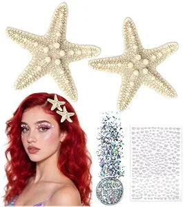 WOVOWOVO Mermaid Costume Women Hair Accessories: Starfish Hair Clips for Girls with Pearl Stickers and Body Glitter, Matching with Mermaid Skirt Dress 4PCS