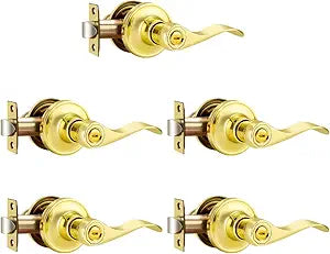 Bathroom Door Handle with Lock Gold, Brass Door Handles Interior 5 Pack, Heavy Duty Bedroom Door Lever Handle Without Key, Zinc Alloy