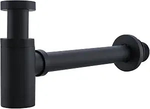 Bottle P Trap Brass Round 1 1/4 Inch Decorative P-Trap, Adjustable Bathroom Basin Sink Waste Drain Kit, Wall Drainage, Matte Black SW-83888MB.