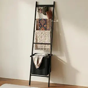 BAMBANG Bamboo Blanket Ladder with Basket, 5-Tier Quilt Rack Stand with 4 Hooks & Storage Hamper for Living Room Bathroom, Wall Leaning Decorative Ladder Shelf for Blankets Display (Black)