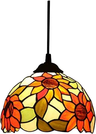 Tiffany Style Sunflower Pendant Lights Fixtures Kitchen Island,Hand-Made Stained Glass Farmhouse Pendant Light for Living Room,Bedroom Pendant Lamp +LED E26 Bulb,8X8 INCH