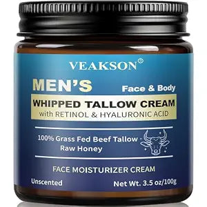 Men's Beef Tallow for Skin, Organic Whipped Grass Fed Tallow and Honey Balm with Anti-Aging Retinol & Hyaluronic Acid, Mens Skin Care Face Cream Moisturizer, Reduces Wrinkles Lines, Unscented, 3.5 OZ
