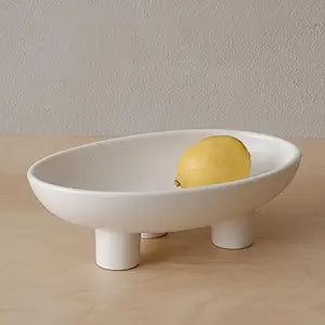 WENSHUO Three-Legs Ceramic Fruit Bowl for Kitchen Counter, Decorative Bowl for Table Dcor, 10-inch Oval Large Bowls for Breads (Nacre White)