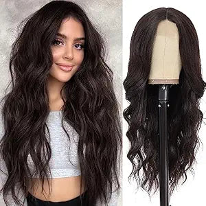 Dark Brown Wavy Wigs for Women 26 Inch Middle Part Synthetic Cosplay Wig