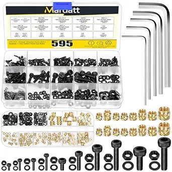 595Pcs M2 M2.5 M3 M4 M5 Brass Threaded Inserts with Hex Socket Head Cap Screws Nuts Kit, Brass Heat Set Insert Metric Knurled Nuts & Machine Screws and Nuts for Plastic 3D Printing Components