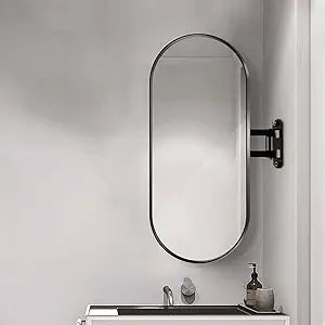 27x16in Oval Corner Bathroom Mirror, Corner Vanity Mirror,Swivel Wall Mount Mirror, Black Aluminum Frame, Adjustable Arm