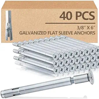 Tandefio 40 Pcs 3/8" x 6" Flat Sleeve Anchors for Concrete Zinc Plated Expansion Anchors Flush Mount Bolt for Masonry, Brick, Concrete Heavy Duty Bolts Secure Fastening