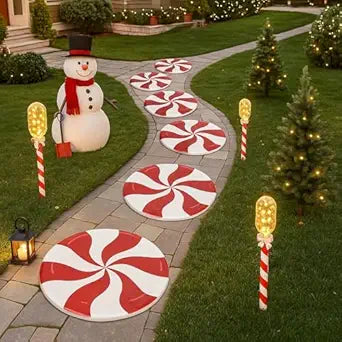 Dunzy 6 Pcs Christmas Candy Floor Decoration Garden Stepping Stones Diatom Mud Decorative Step Stone Peppermint Decor for Garden Yard Lawn Patio Walkway Outdoor Christmas Party Decor (8 Inch,Vibrant)
